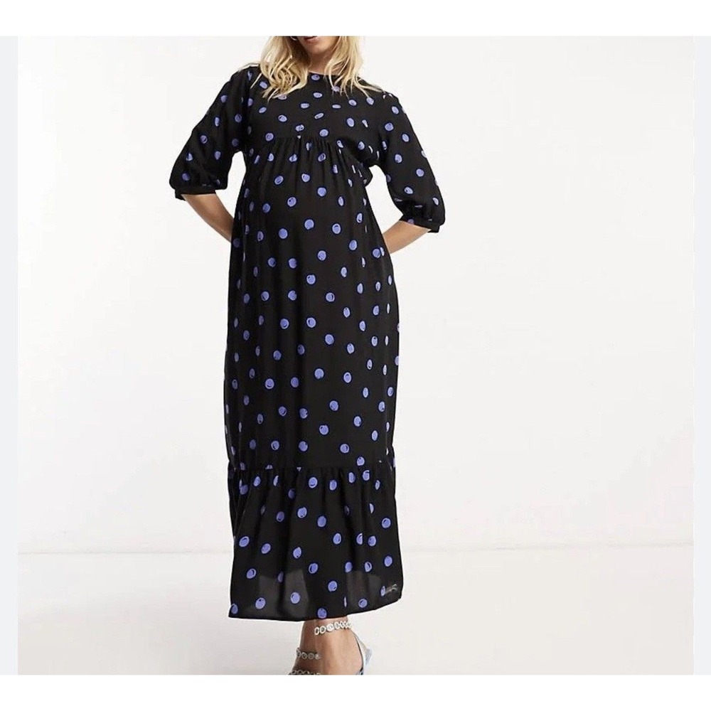 Nobody's Child Maternity Dress‎ UK 12 US 8 Rachel Puff Sleeve Midi Blue Dot